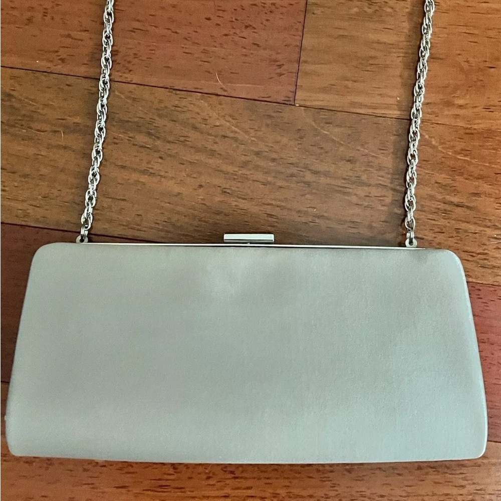 Talbots Evening Bag Clutch Purse Satin With Silver Chain Strap Beige